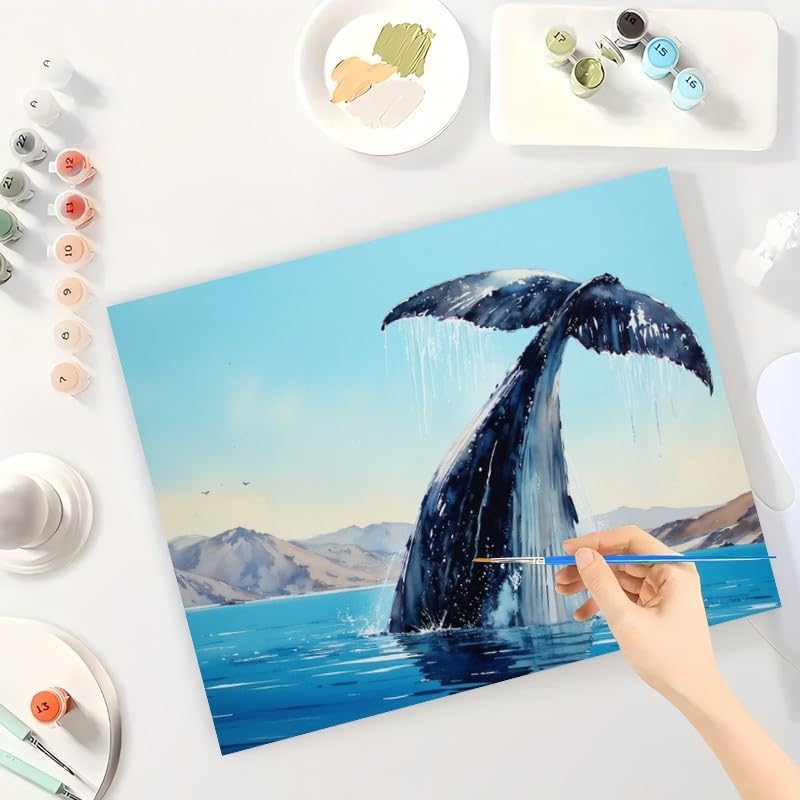 ENTORLAB Whale Tail Splash Paint by Numbers Kit for Adults - DIY Humpback Whale Diving in Ocean Painting on Canvas 16x20In, Acrylic Paint Set, Suitable for Beginners, Art for Home Decoration or Gifts