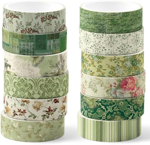 12 Pcs Green Floral Washi Tape Vintage Flower Pattern Masking Tape Decorations Green Floral Decorative Paper Sticker for Vintage Spring DIY Craft Gift Wrapping