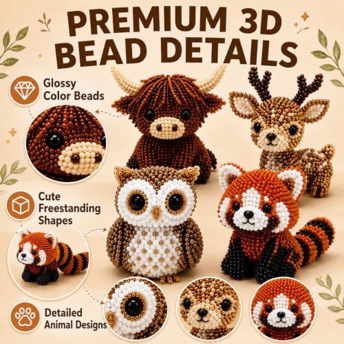 3D Beaded Animal DIY Kit, 4 Piece Craft Set for Adults Teens Beginners, Make Highland Cow Deer Owl Red Panda, Animal Art Project with Color Beads Thread Storage Box Instructions, Gift for Crafters