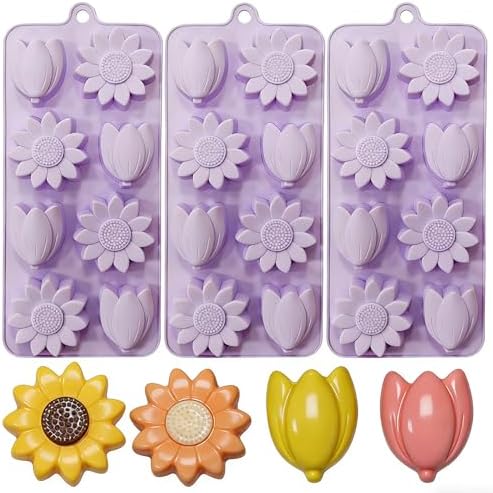 Flower Ice Cube Molds Silicone 2Pcs Sun Flower Chocolate Candy Molds for Baking Tulip Shape Jello Molds Pudding Molds for Desserts Soap Making(Pack of 3)