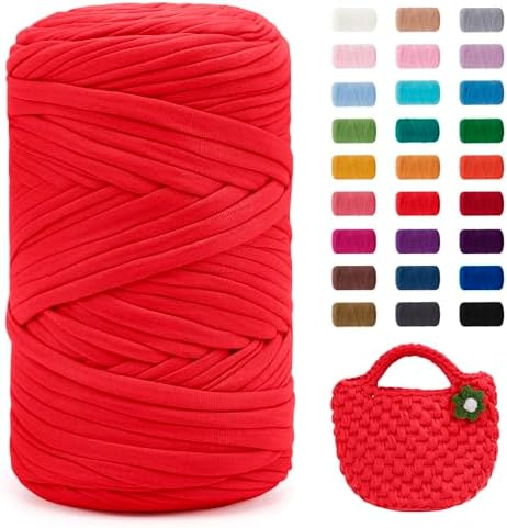 JeogYong T-Shirt Yarn, 400g/131 Yards Elastic Fabric Crochet Cloth T Shirt Yarn, Thick Hand Knitting Polyester Fabric Ribbon for Crocheting Bags/Baskets/Rugs, Home Decor, DIY Crafts (Red)