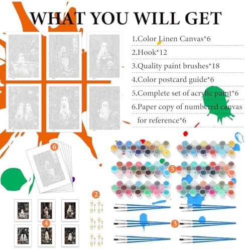 GOUOYANA 6P Halloween Paint By Numbers Kit for Adults Ghost Acrylic Canvas | Halloween Adult Paint by Number Kits Acrylict Canvas for Painting DIY Ghost Paint by Numbers for Home Wall Art Gift 12X16in