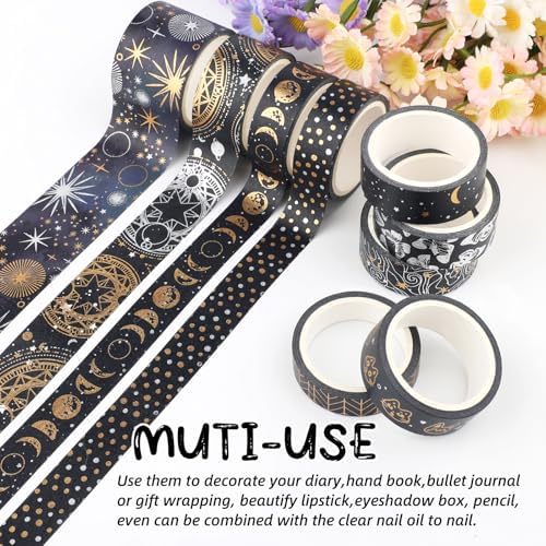 9 Rolls Mystic Gold Washi Tape Set,Gold Foil Vintage Black Pattern Decorative Tape,Butterfly Star Moon Decorative Masking Tapes for DIY Scrapbook Design Journaling Handbook Making Card Wrap Craft Gift