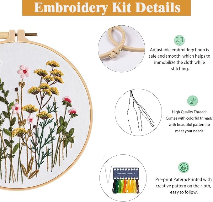 GLTAYLMY Flower Embroidery Kit for Beginners with Pattern and Instructions,3 Pack Cross Stitch Kits,1 Plastic Embroidery Hoops,Threads and Needles,Needlepoint Kit for Adults