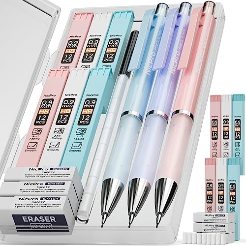 Nicpro 3PCS Pastel Mechanical Pencil Set, 0.9 Mechanical Pencil