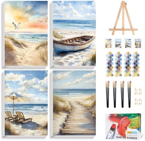 4 Pack Paint by Numbers Kit for Adults with Frame, Beach DIY Painting Kit