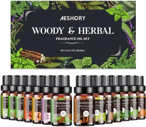 Woody & Herbal Essential Oils Set - TOP 14 Fragrance Oil for Diffusers, Aromatherapy, Candle Making - Sandalwood, Cedarwood, Teakwood, Vetiver Aromatherapy Scented Oils (5ml)