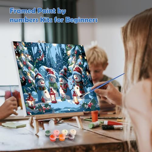MOGTAA Christmas Paint by Numbers Kit for Adults Beginners with Frame, Snowman Adult Paint by Number Kits on Canvas with Easel, Easy DIY Xmas Winter Oil Painting Kits for Home Decor, 8x12in