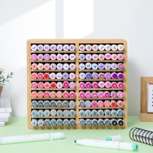 Ohuhu Bamboo Marker Organizer, Wooden Desktop Storage Holds 126 Markers