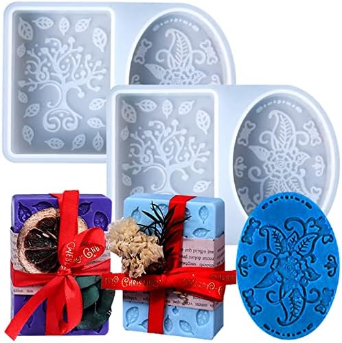 Soap Molds Silicone, 3D Rectangle & Oval Flower Pattern Mold, Set of 2 | Non-stick Mixed Flower Patterns Soap Making Mold for Handmade Craft Soap DIY Candle Polymer Clay Design Lotion Bars