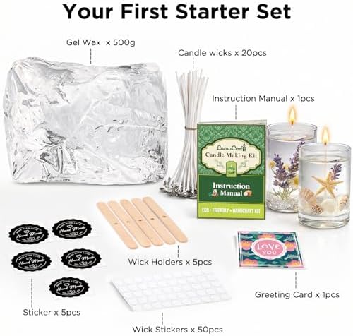 Clear Gel Wax for Candle Making - 1.1LB (500g) Transparent Jelly Candle Wax with Wicks, Wick Stickers & Holders - Non-Toxic, Unscented DIY Gel Wax for Beginners & Crafters