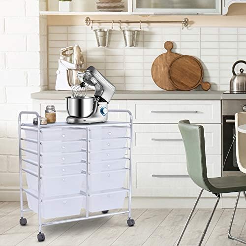 LDAILY 12 Drawer Rolling Storage Cart, Craft Cart Organizer on Wheels w/Metal Frame, Large Capacity & Smooth Drawer, Rolling Cart w/Drawers for Classroom, Office