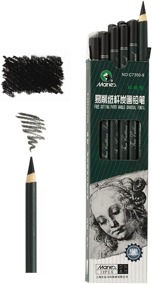 Marie's Artist Charcoal Pencil 12 Piece Set, Extra-Soft Black Paper Handle Charcoal Pencils for Drawing and Sketching