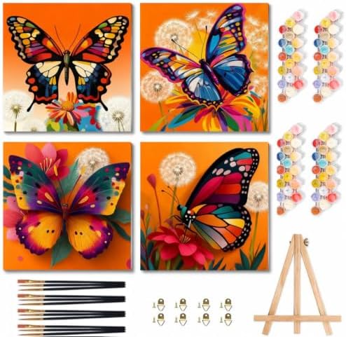 4 Pack Butterfly Paint by Numbers Kit for Kids with Frame Easel 8x8 inch