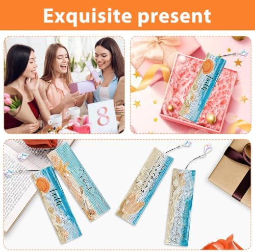 Mandun 4 Pcs Beach Diamond Painting Bookmark Kits, Special Shaped Diamond Art Bookmarks with Pendant, DIY Beach Diamond Art Bookmarks with Tassels Crafts Gifts Supplies