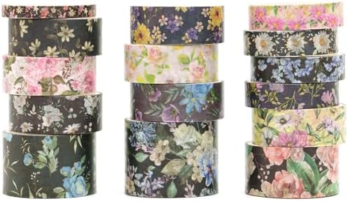 Floral Washi Tape Set - 15 Rolls Flowers Arts Adhesive Tapes Garden Blooms Decorative Masking Tape Sets for Craft, Kids, Scrapbook, DIY, Gift Wrloapping (2-Midnight Bloom)