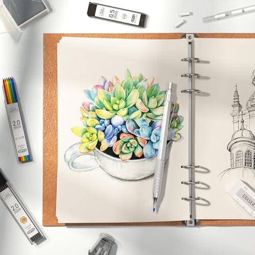 Four Candies Metal Mechanical Pencil Set, 4PCS 0.3, 0.5, 0.7, 0.9MM Mechanical Pencils & 2MM Drawing Pencil with 9 Tubes Lead Refills (4B 2B HB 2H Color) for Student Writing Artist Sketching - Silver