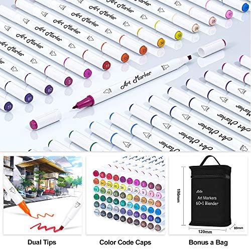 Lelix 61 Colors Alcohol Art Markers, 60 Colors Plus 1 Blender Dual Tip Permanent Marker Pens Highlighters Perfect for Kids Adults Artist Drawing Sketching Card Making & Coloring Books