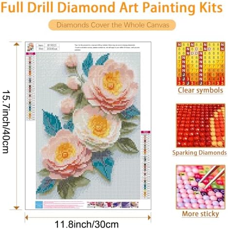 USZDL Peony Flowers Diamond Art Kits for Adults,DIY Round Full Drill 5D Diamond Painting Kits for Beginners,Pink Floral Diamond Dots Paintings Picture Gem Art Kits for Adults,Home Wall Decor 12X16 in