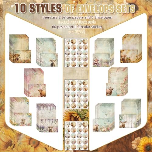 TaoBary 160 Pcs Floral Highland Cow Stationery Paper and Envelopes Set