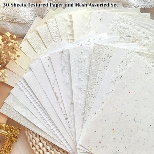 30 Sheets A5 Cream White Textured Scrapbook Paper & Mesh Fabric Set