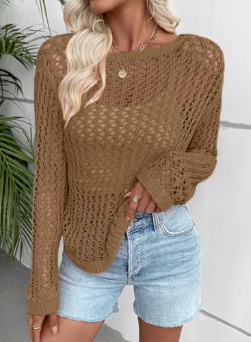 EVALESS Crochet Tops for Women Long Sleeve Hollow Out Knit Sweaters