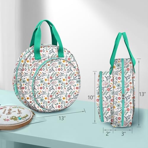 FINPAC Embroidery Project Bag, Embroidery Supplies Storage Carrying Tote Case with Multiple Pockets for Floss, Hoops, Thread, Stitch Tools Kit [Bag Only], Spring Bloom
