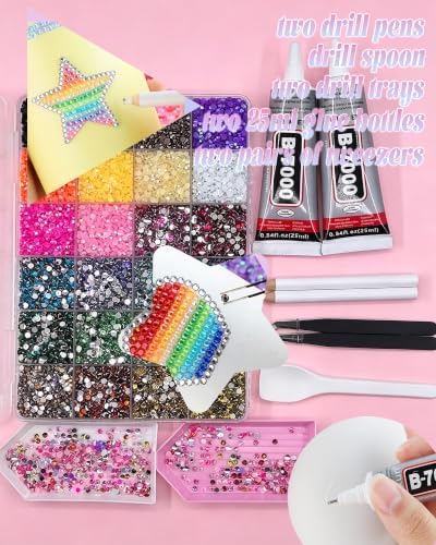 40,000 Pcs Rhinestone Bedazzling Kit, 24 Colors Nail Art Rhinestones with 24,000pcs 3mm & 16,000pcs Multi-Size AB Flatback Nail Gems, B7000 Glue, Diamond Painting Accessories for DIY Crafts
