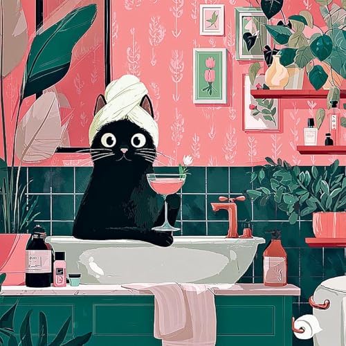 Accompany Wind Black Cat Diamond Art Kits for Adults, 5D Cute Animals Diamond Painting Kits for Beginners,DIY Round Full Drill Diamonds Gem Art Crafts for Home Wall Decor Gifts 14x14 Inch