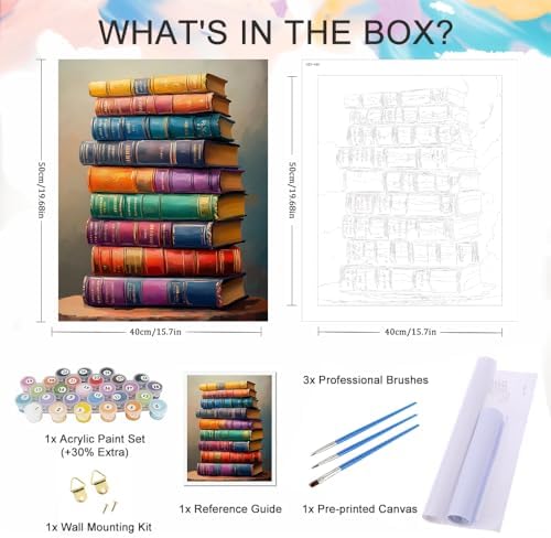 Natuyalo Paint by Numbers for Adults, Stacked Books Paint by Numbers Kit on Canvas for Beginners, Number Painting Set Art Craft Supplies, 3 Paintbrushes and Acrylic Paint 16x20 inch