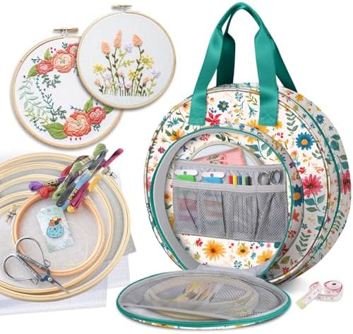 FINPAC Embroidery Project Bag, Embroidery Supplies Storage Carrying Tote Case with Multiple Pockets for Floss, Hoops, Thread, Stitch Tools Kit [Bag Only], Apricot Bloom