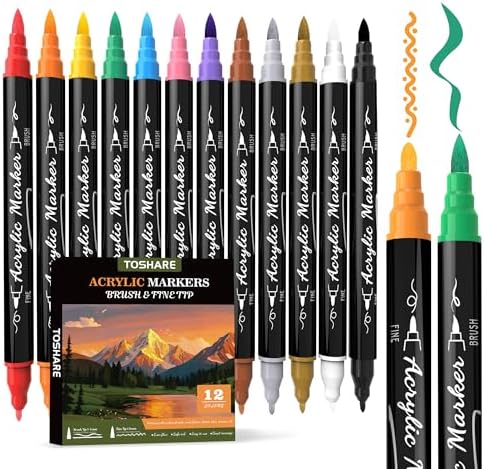 12 Colors Precision Dual Tip Acrylic Paint Markers Pens - Brush & Fine | Performs on Rock, Wood, Paper, Fabric, Egg, Scrapbook, Glass, Ceramic, Canvas, DIY Crafts Art Gift - School Supplies