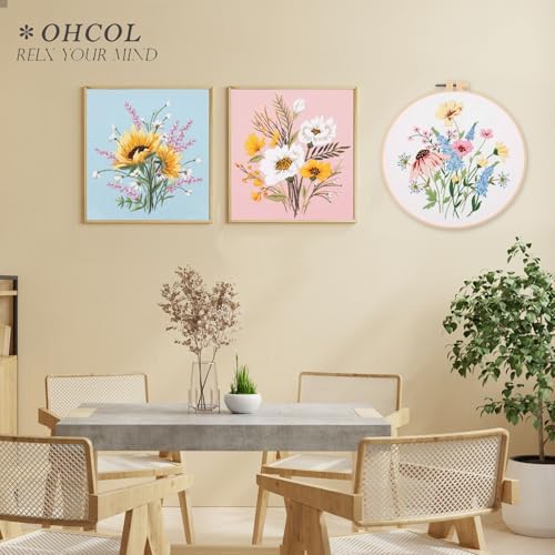 Ohcol 3 Sets Embroidery Kit,Cross Stitch Kits Needlepoint Kits for Adults Beginner,Needle Point Kits with Washable Pre-Printed Floral Pattern,Hoops,Women DIY Hand Crafts