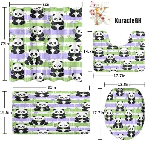 Funny Cute Japanese Panda 4 Piece Shower Curtain Sets,Abstract Cartoon Baby Panda Bears Non-Slip Rugs,Toilet Lid Cover and Bath Mat,Spring Forest Bamboo Print Bathroom Decor Set