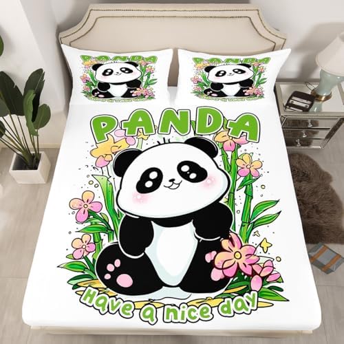 Cartoon Panda Bed Sheet Set King Size Cute Animal Mattress Cover Lively Leaves Flowers Print Sheets for Boys Girls Bedroom White Green with Flat,Fitted Sheet Pillowcase 4Pcs