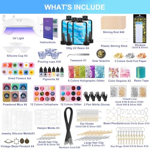 KISREL 400g UV Resin Kit with Light and Molds - Super Clear Low Odor Hard UV Glue, Complete Resina Starter Supplies for Bulk DIY Jewelry Making, Crafts, Keychain