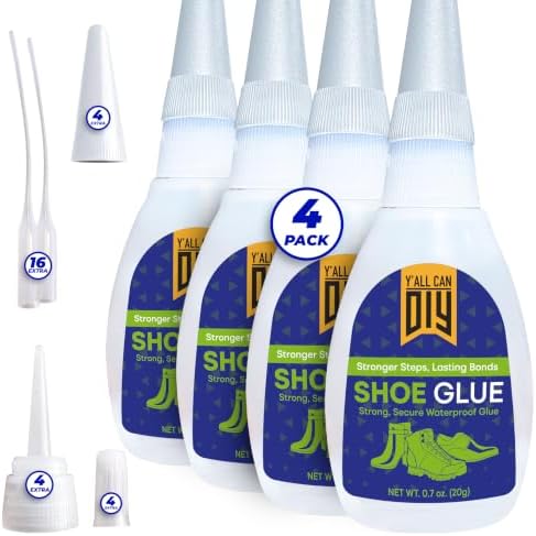 Y’allCanDiy Super Glue for Shoe. 4 Pk x .7 Oz. (20g) Heavy Duty Shoe Adhesive for Shoe Sole Repair and Applicable as Waterproof Boot Shoe Repair Glue. Cyanoacrylate Based CA Glue for Rubber Soles
