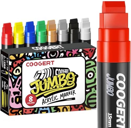 Coogert 8 Colors Jumbo Poster Markers, 15MM Thick Permanent Acrylic Graffiti Markers, Wide Tip Paint Marker for Canvas, Posters Board, Fabric, Window, Wood,Teachers,Banner painting supplies