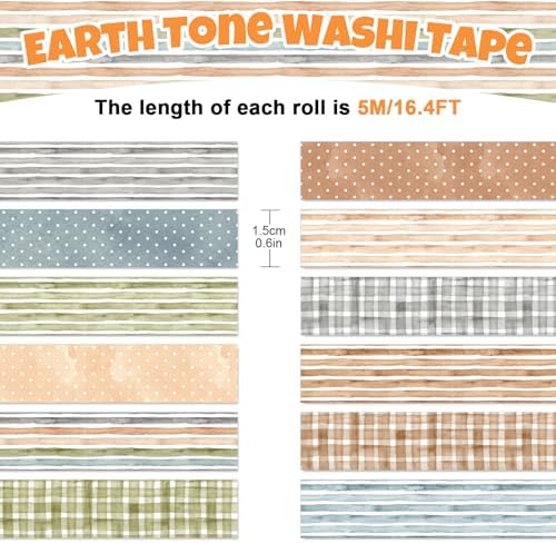 AnyDesign 12 Rolls Vintage Washi Tape Set Watercolor Earth Tone