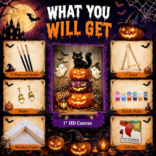 Halloween Paint by Numbers Kit for Kids 6-8-12 with Frame Easel 8x12 inch