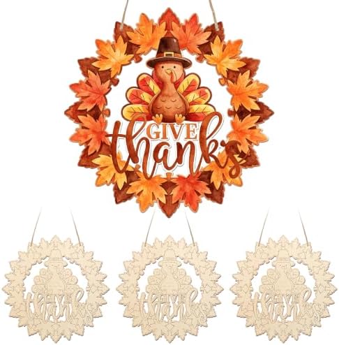 Unfinished Fall Wreaths Wood Crafts to Paint Set of 3, 11" Bulk Autumn Leaves Pumpkin Wreath Ornaments for Painting, Unfinished Wood Cutouts DIY Ornaments for Front Door with Ropes (Leaf.Turkey)