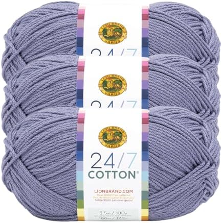 Lion Brand Yarn, 24/7 Cotton Mercerized Lightweight Yarn for Knitting, Crochet, and Crafts, Blue Grey, 3 Pack, 185 Yards of Natural Fiber for Breathable Tops, Durable Bags, and Easy-Care Dish Cloths