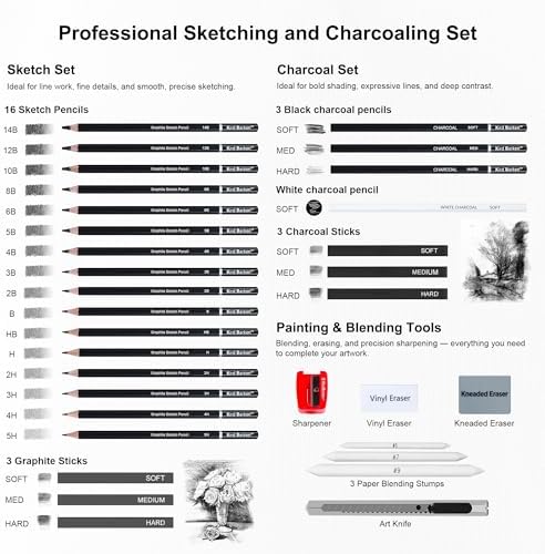 33 Piece Sketching Pencil Set - 5H to 14B Pencils, Charcoal Pencils, Charcoal Sticks,Graphite Sticks,Painting tools – drawing pencil set for Beginners, Artists, Students, Kids