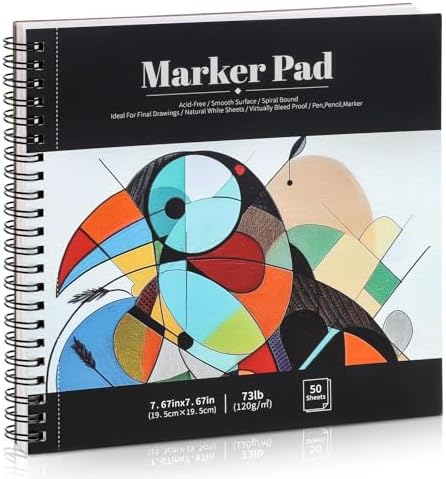 50 Sheets Marker Paper Pad, 7.6×7.6 Inch Bleedproof Art Sketch Pad, 73lb/120gsm Drawing Paper Spiral Sketch Book, Alcohol Marker Paper Painting Coloring Paper for Beginners, Artists, Ideal Gift | Acid-Free Bleed-Resistant Paper, 73lb Marker Sketchbook,...