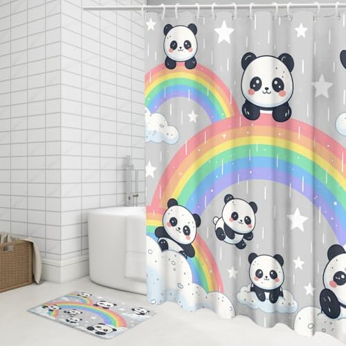 Funny Kawaii Baby Animal Panda Shower Curtain Sets 4 Piece,Watercolor Colorful Rainbow Clouds Bathroom Decor Sets with Rugs,Cartoon Panda Bears Waterproof Toilet Lid Cover Bath Mat