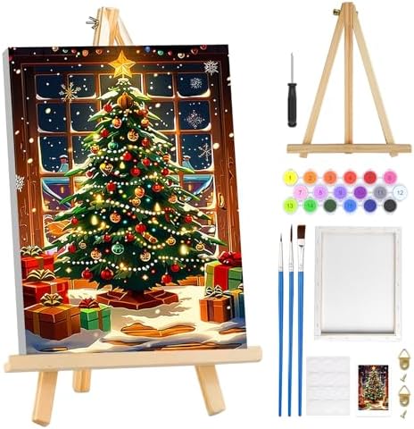 MOGTAA Christmas Paint by Numbers Kit for Adults Beginners with Frame, Christmas Tree Adult Paint by Number Kits on Canvas with Easel, Easy DIY Oil Painting Kits for Home Decor, 8x12in