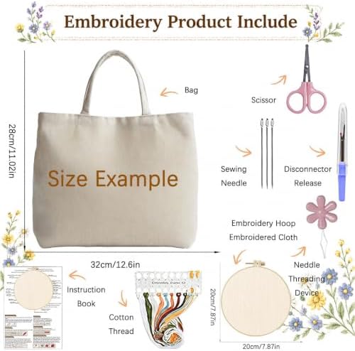 ARTopet Embroidery Tote Bag Kit for Beginners Flower Canvas Cross Stitch Handbag with Hoops Needles Threads Reusable Grocery Bag for Women-Flowers