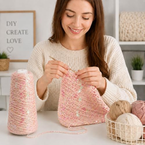 1100Yards Sequin Cotton Yarn for Crocheting Knitting, Sparkle Crochet Thread – 100% Cotton 5-Ply with 3mm 6mm Sequins,Paillettes Yarn for Scarves, Shawls, Sweater DIY Crafting