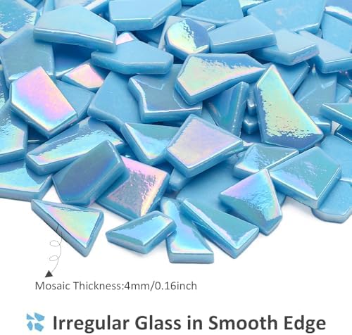 Youway Style Iridescent Glass Mosaic Tiles for Crafts Bulk,200g Blue Broken Mosaic Glass Pieces for Garden Crafts Kits,DIY Mosaic Art Decor
