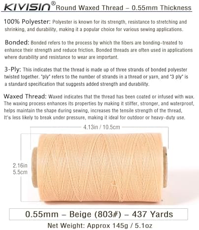 Sturdy Bonded Waxed Polyester Thread, 0.55mm, 437 Yards Wax String Cord - Beige for Leather, Hand Sewing, Stitching, Beading, Bookbinding, Bracelets and Macrame Jewelry Making